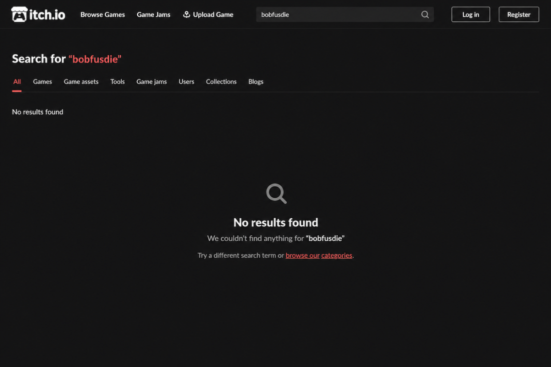 itch.io 404 error page returned by the only address named as the Bobfusdie7.9 download source