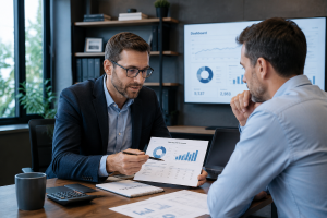 Small-business owner reviewing financials with a PedroVazPaulo business consultant