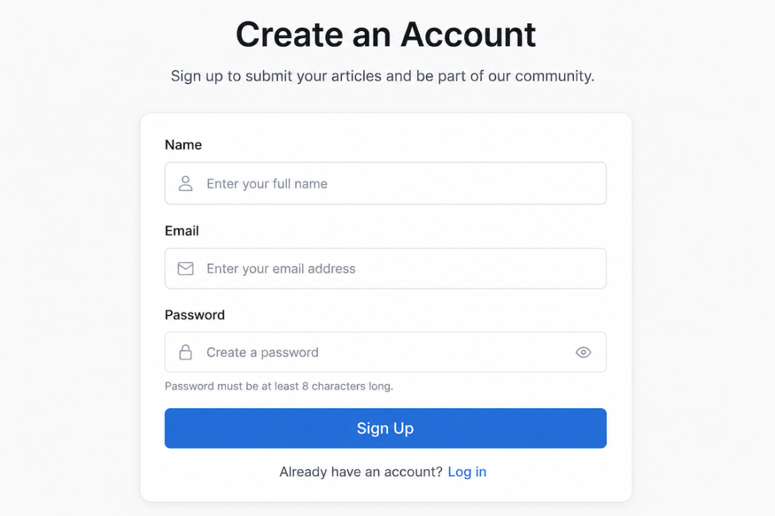 Creating a UploadArticle account with name, email and password.