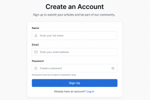 Creating a UploadArticle account with name, email and password.
