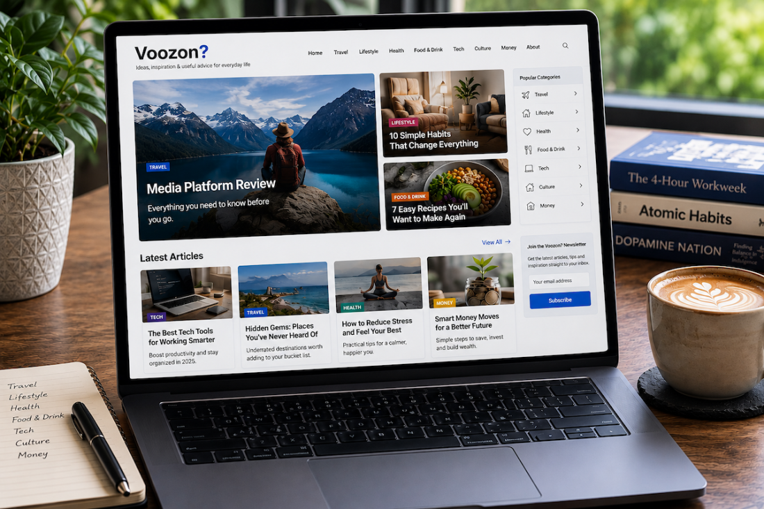 Voozon.com multi-niche media and publishing platform shown on a laptop.