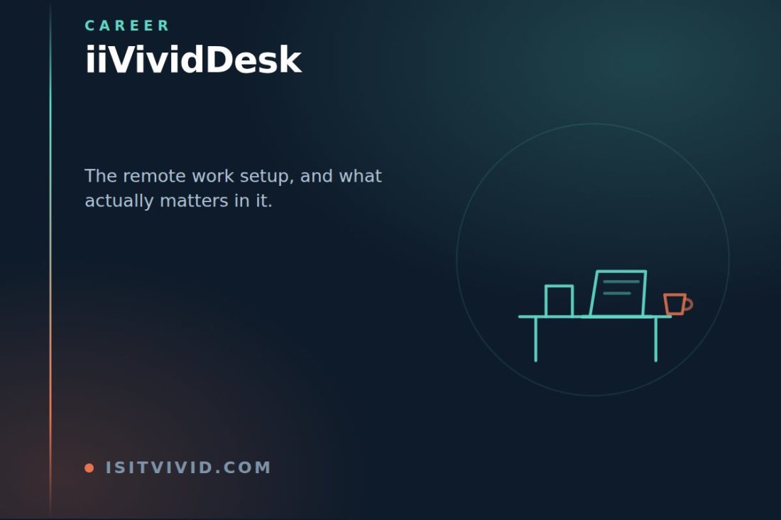 Line illustration of a desk with a laptop and a mug, representing the iiVividDesk remote work setup