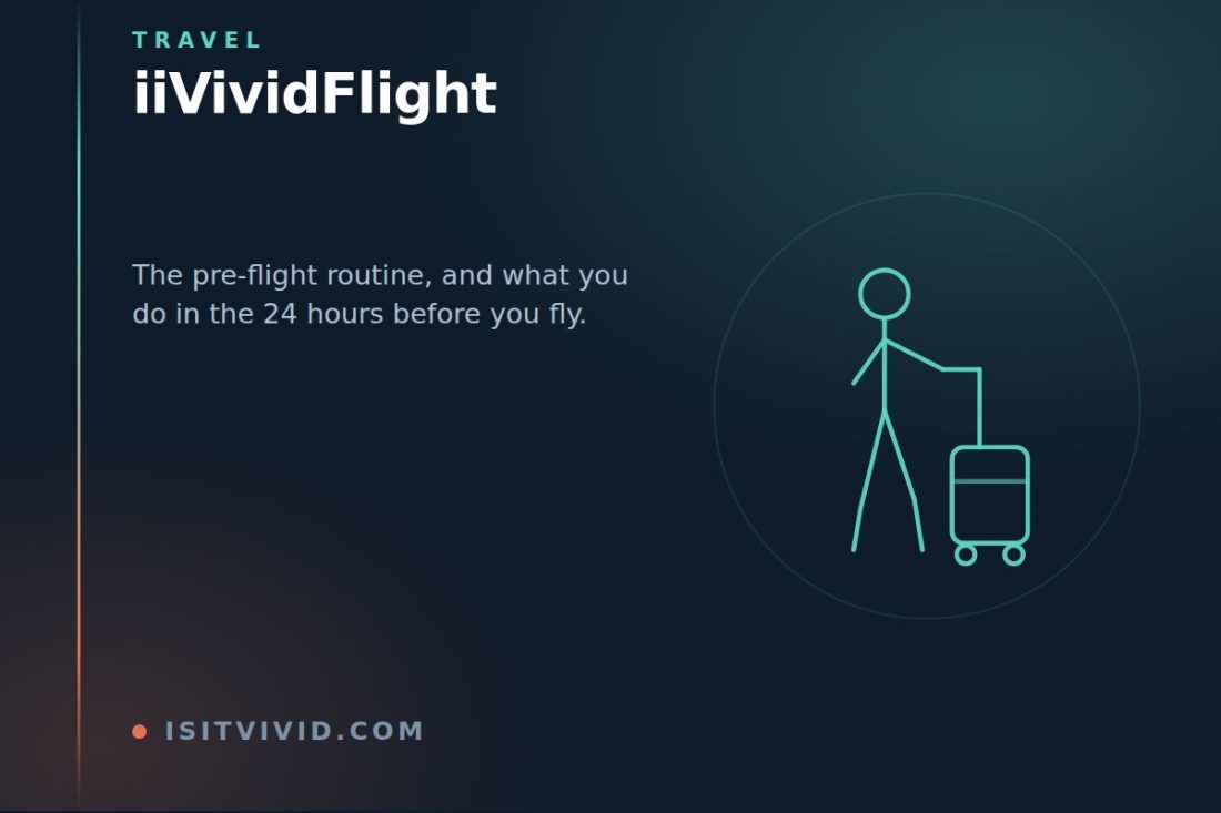 Line illustration of a traveller walking with rolling luggage, representing the iiVividFlight pre-flight routine