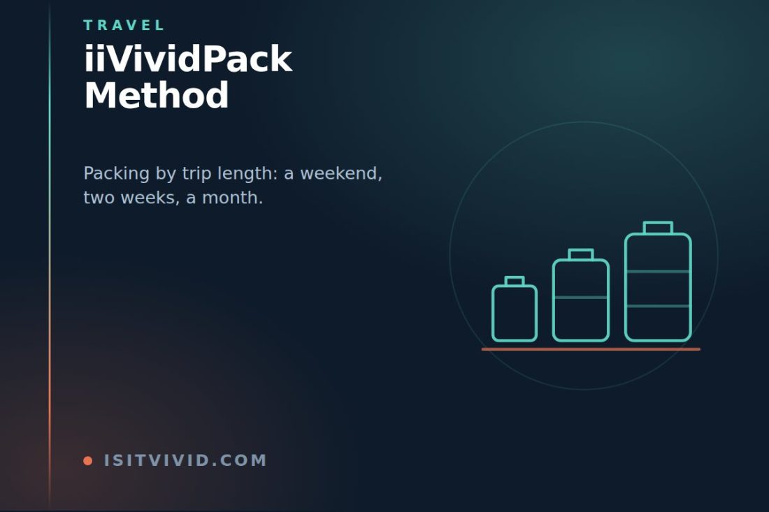 Line illustration of three suitcases increasing in size, representing the iiVividPack method scaled to trip length